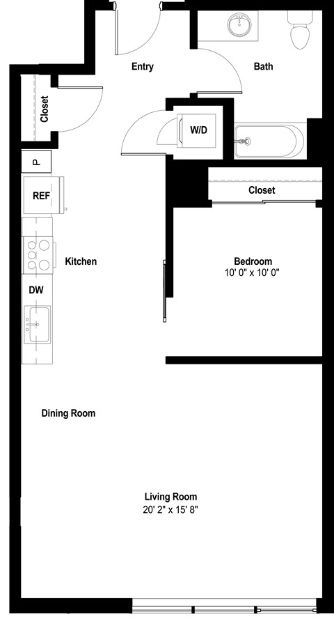 Floor plan for 1 bed, 1 bath, 844 sqft